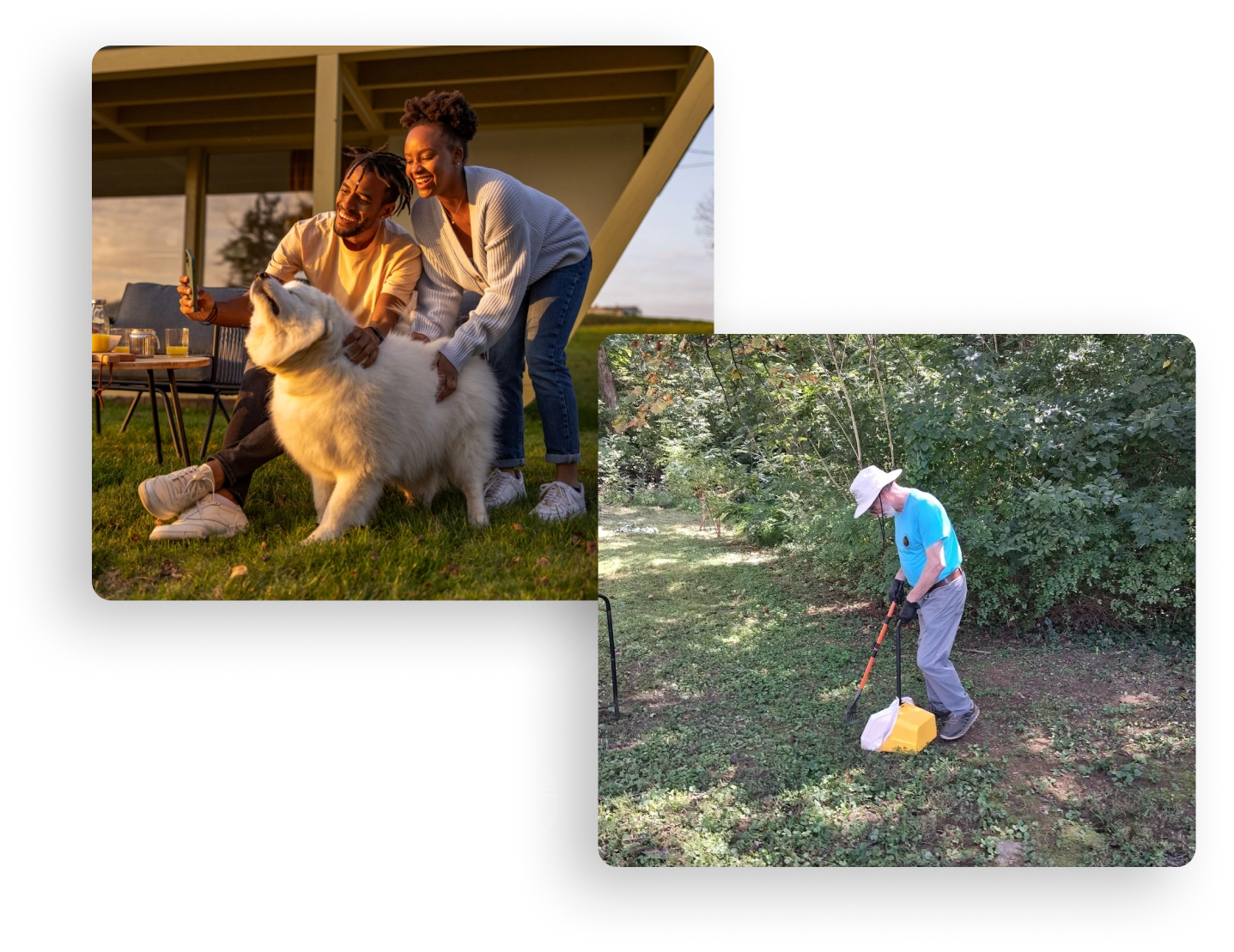People with dog; man scooping outdoors.